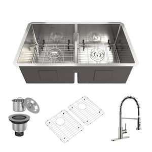 32 in. Undermount Double Bowl Stainless Steel Kitchen Sink with Faucet, Bottom Grid, Drain, Drain Cap, Strainer Basket