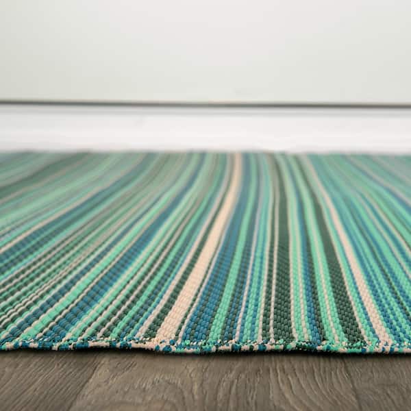 Contemporary Stripe Reversible Plastic Blue 6 ft. x 9 ft. Outdoor Area Rug