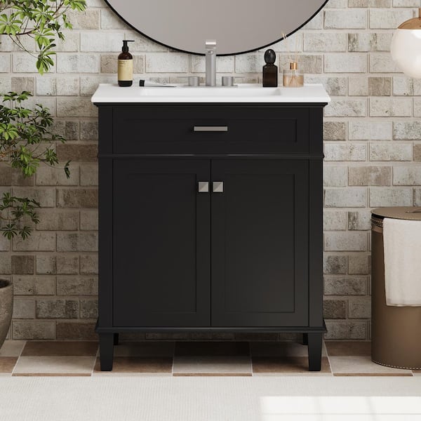 30 in. W Freestanding Bath Vanity in Black with White Ceramic Top and Sink, Adjustable Shelves