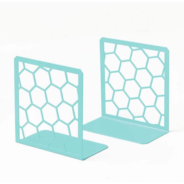 Turquoise 6 in. x 6.3 in. Metal Geometric Honeycomb Design Bookend, 1-Pair