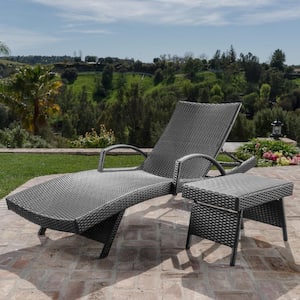 Miller Grey Armed 2-Piece Faux Rattan Outdoor Chaise Lounge and Table Set