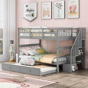 Gray Stairway Full-over-Full Bunk Bed with Twin size Trundle, Storage and Guard Rail for Bedroom, Dorm