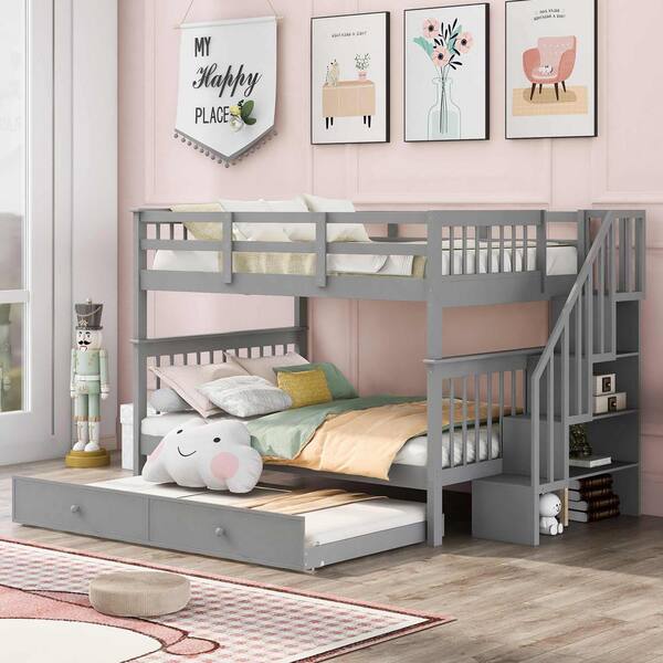 Polibi Gray Stairway Full-over-Full Bunk Bed with Twin size Trundle, Storage and Guard Rail for Bedroom, Dorm
