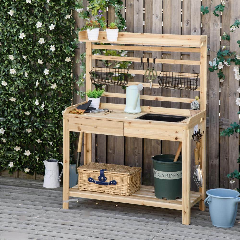 39 in. W x 56 in. H Outdoor Solid Fir Wood Garden Potting Bench Table with 