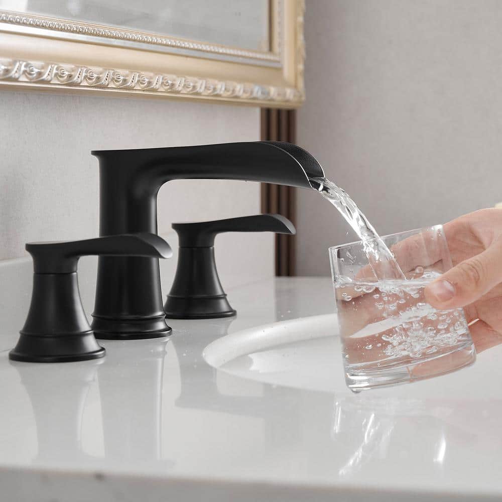 Matte Black Brass 8-Inch Widespread Waterfall Bathroom Faucet