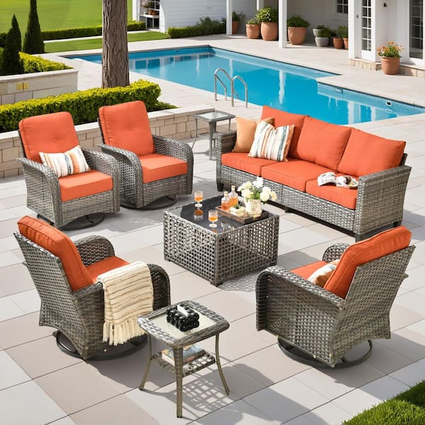 HOOOWOOO Scarlet 8-Piece Wicker Outdoor Patio Conversation Sofa Set with Swivel Chairs, a LED Table and Orange Red Cushions