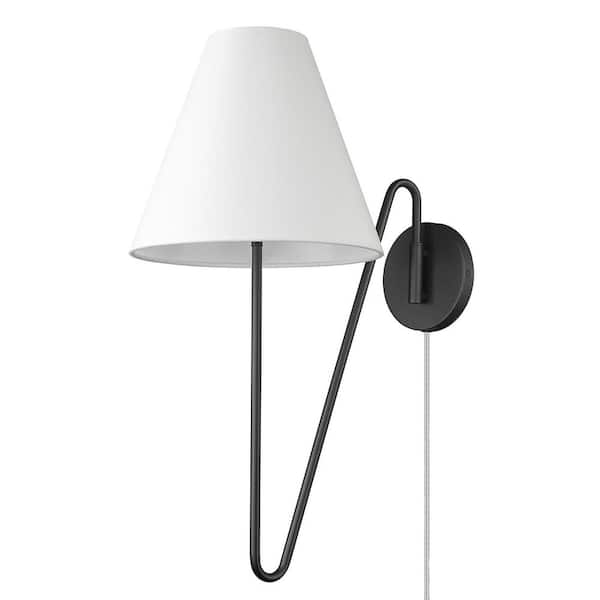 Golden Lighting Kennedy Natural Black Hardwired/Plug-In Swing Arm Wall Lamp with Ivory Linen Shade