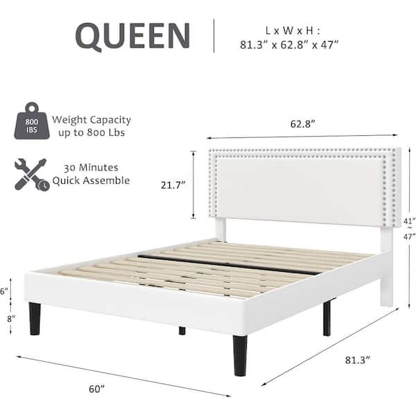 Velvet Upholstered Bed Frame White Frame Queen Platform Bed with Adjustable Headboard and Nailhead Trim