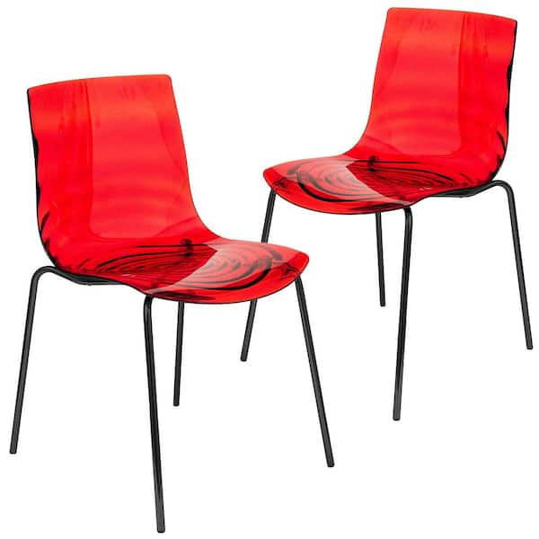 Leisuremod Dining Chair for Dining and Kitchen Room Stackable Chair in Stainless Steel Base Astor Set of 2 in Transparent Red