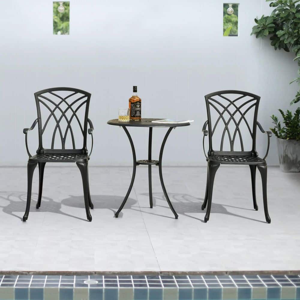 Black Cast Aluminum Patio Bistro Table Unit Furniture with Umbrella Hole fo
