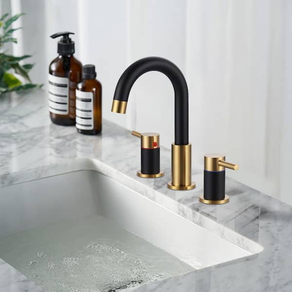 8 in. Widespread Double Handle Bathroom Faucet with Pop-Up Drain in Black and Gold