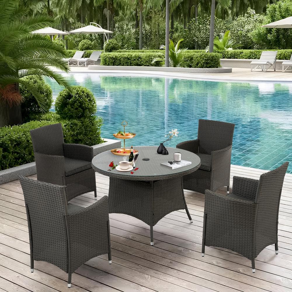 5-Piece All-Weather Wicker Outdoor Dining Set with Dark Gray Cushion and Round Dining Table -  Zeus & Ruta, HID5PDG4331