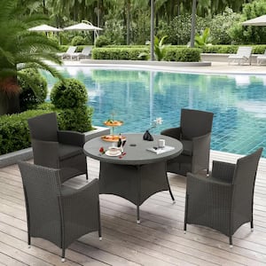 5-Piece All-Weather Wicker Outdoor Dining Set with Dark Gray Cushion and Round Dining Table