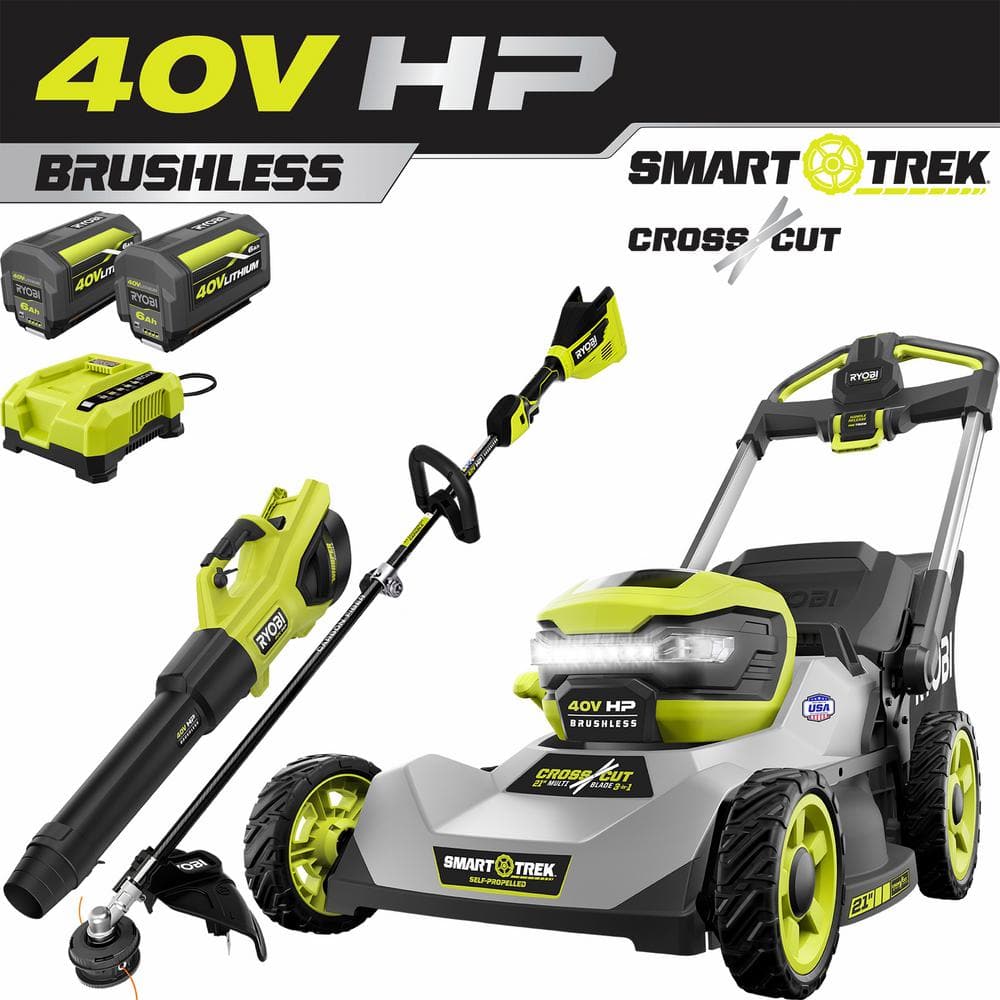 RYOBI 40V HP Brushless 21"" Cordless Battery Walk Behind Dual-Blade Self-Propelled Mower, Trimmer, Blower, Batteries, Chargers -  RY401150US-3X