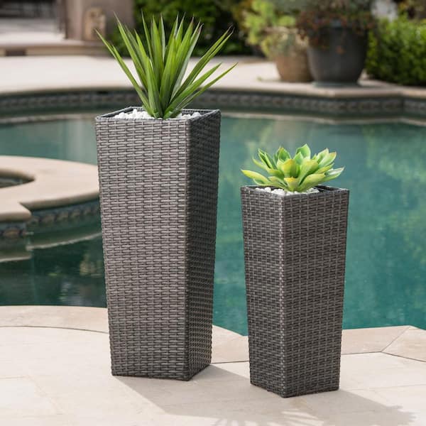 PAFEN 2-in-1 set of flower pots, rattan look, umber plant pot with insert