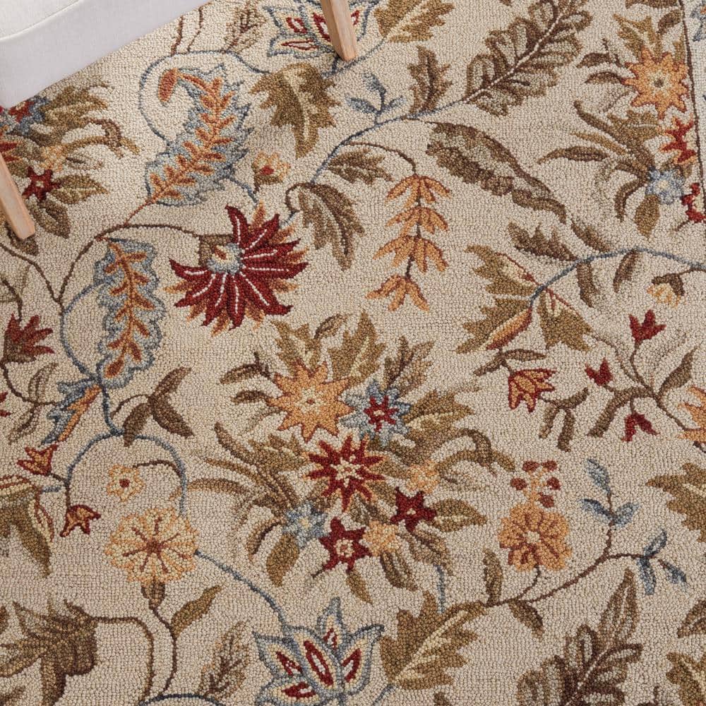 Ivory Floral Hand-Hooked Wool Circular Area Rug