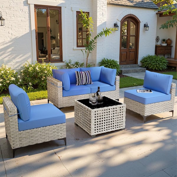 OVIOS Supery Gray 5-Piece Wicker Patio Conversation Seating Set with Diamond Blue Cushions and Coffee Table