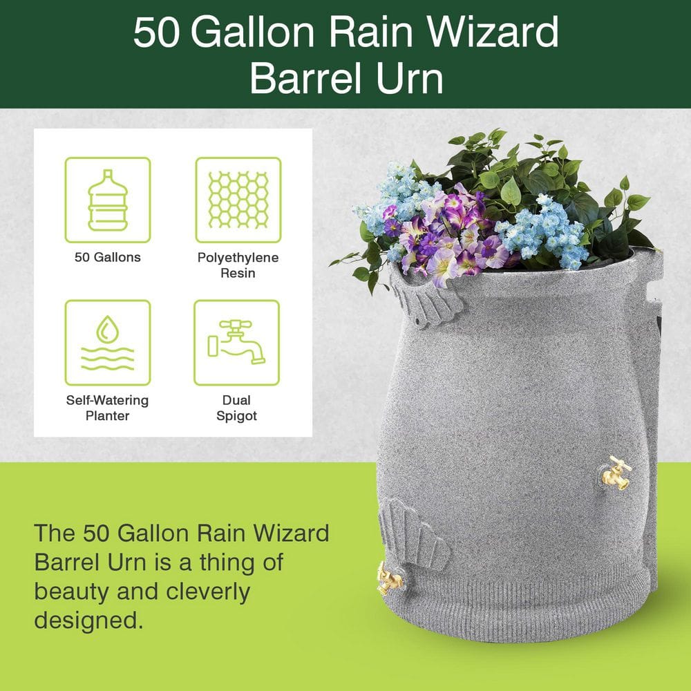 Light Granite 50 Gallon Plastic Rain Barrel with Planter
