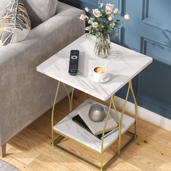 Authentic End Table, White Top with Gold Frame