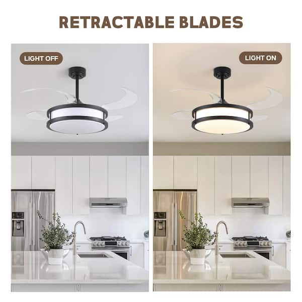 48 in. Indoor Downrod Mount Modern Black Retractable Fandelier Ceiling Fan Acrylic Shade Dimmable LED with Remote
