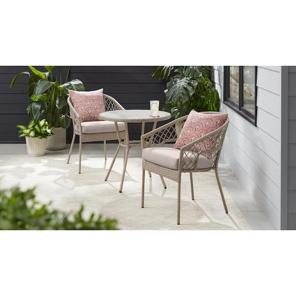 StyleWell Fairlake Natural 3-Piece Steel Wicker Outdoor Bistro Set with Biscuit Cushions