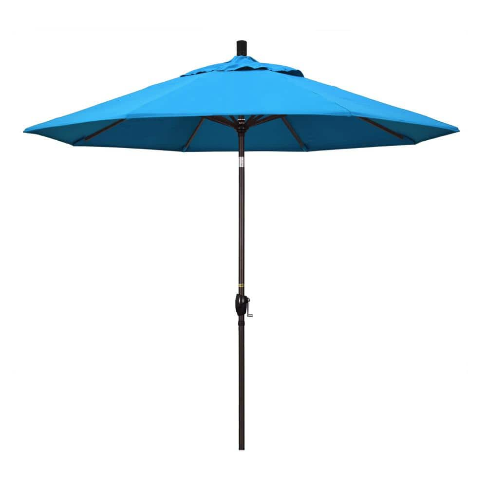 California Umbrella 9 ft. Bronze Aluminum Market Push Button Tilt Crank Lift Patio Umbrella in Canvas Cyan Sunbrella