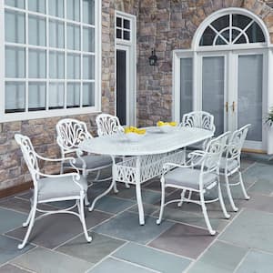 Capri White 7-Piece Cast Aluminum Oval Outdoor Dining Set with Gray Cushions
