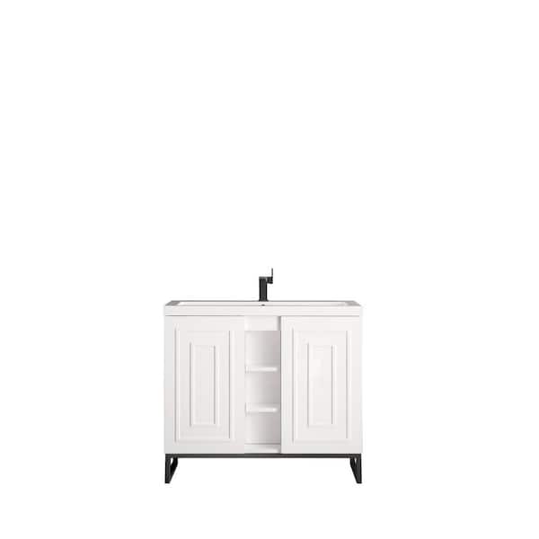 James Martin Vanities Alicante 39.4 in. W x 15.6 in. D x 35.5 in. H Bath Vanity in Glossy White & Matte Black with White Glossy Resin Top