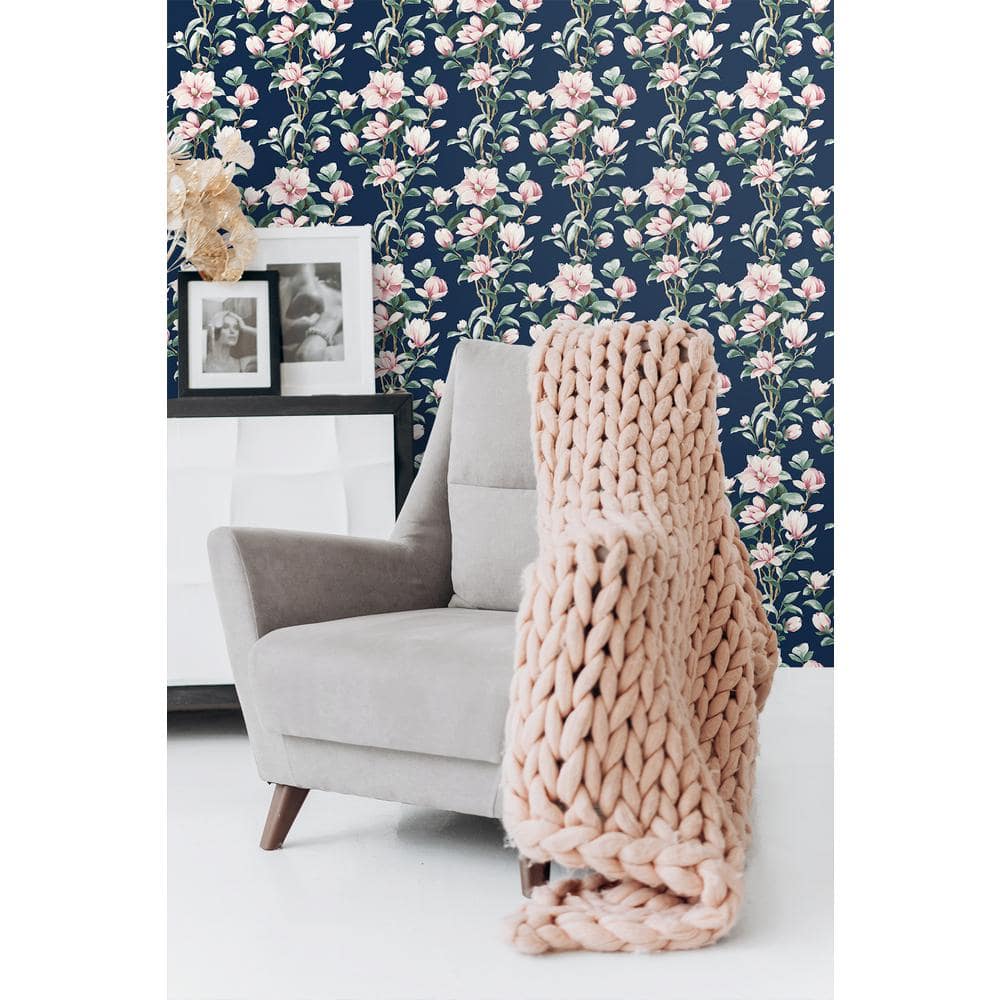 Navy and Blush Floral Vinyl Peel and Stick Wallpaper Roll