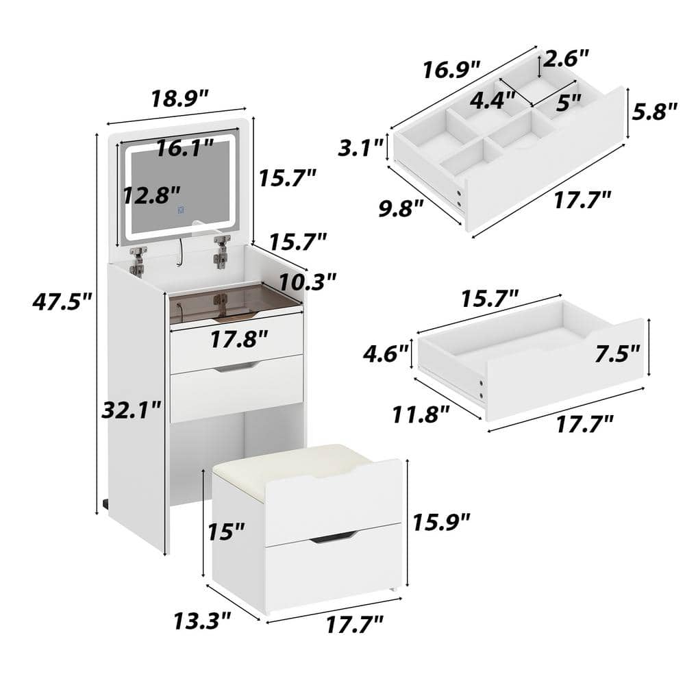 3-Drawer White Wood Makeup Vanity Set Dresser Table with Flip-Top Mirror, See-Through Glass Top, Lights, Stool - thumbnail 3