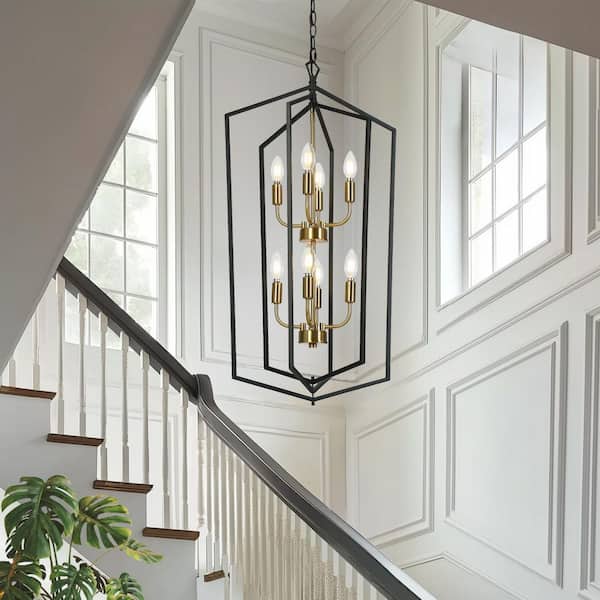 Modern Farmhouse 8-Light Black Lantern Chandelier, Brass Tiered Hanging Pendant Light with Caged Metal Shade