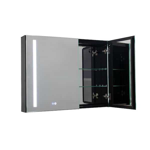 Unbranded 33.5 in. W x 25.6 in. H Black Rectangular Aluminum LED Lighted Anti-Fog Medicine Cabinet with Mirror, Adjustable Shelves