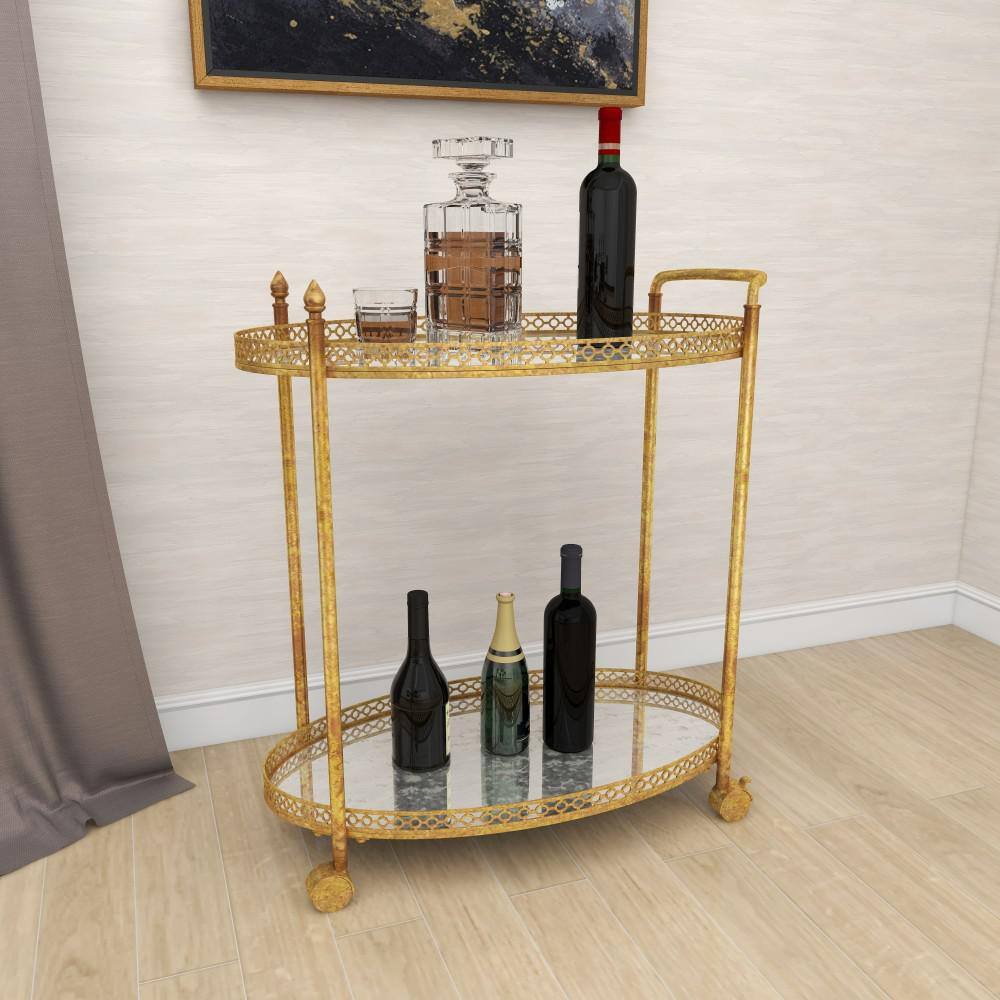 Gold Oval Iron Rolling Bar Cart with Glass Shelves