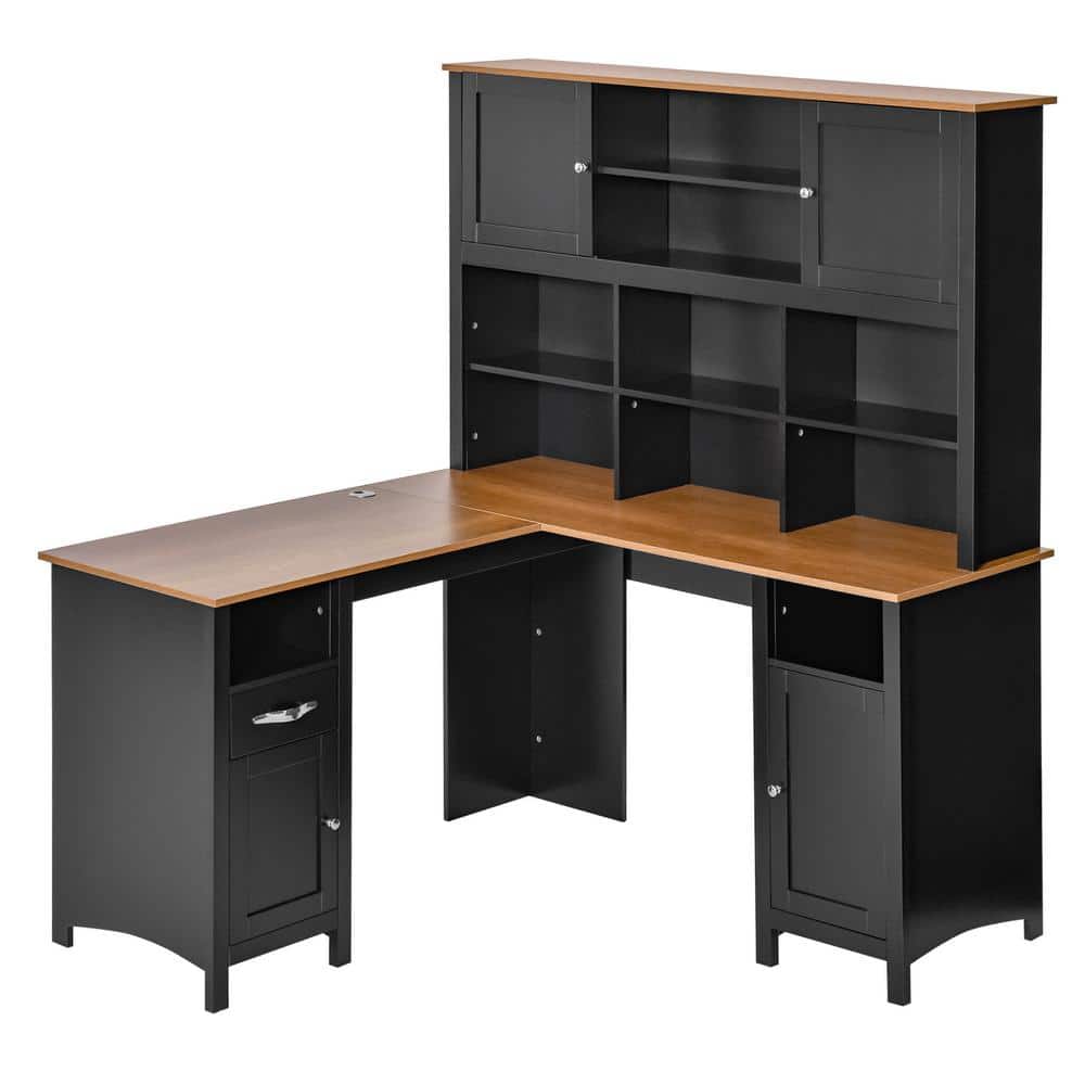 Black L-Shaped Wood Computer Desk with Hutch and Drawer