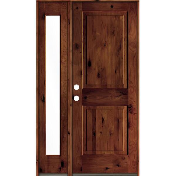 Krosswood Doors 44 in. x 80 in. Rustic knotty alder 2-Panel Right-Hand/Inswing Clear Glass Red Chestnut Stain Wood Prehung Front Door