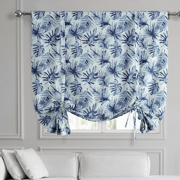 Exclusive Fabrics & Furnishings Artemis Blue Printed Cotton 46 in. W x 63 in. L Room Darkening Rod Pocket Tie-Up Window Shade (1 Panel)