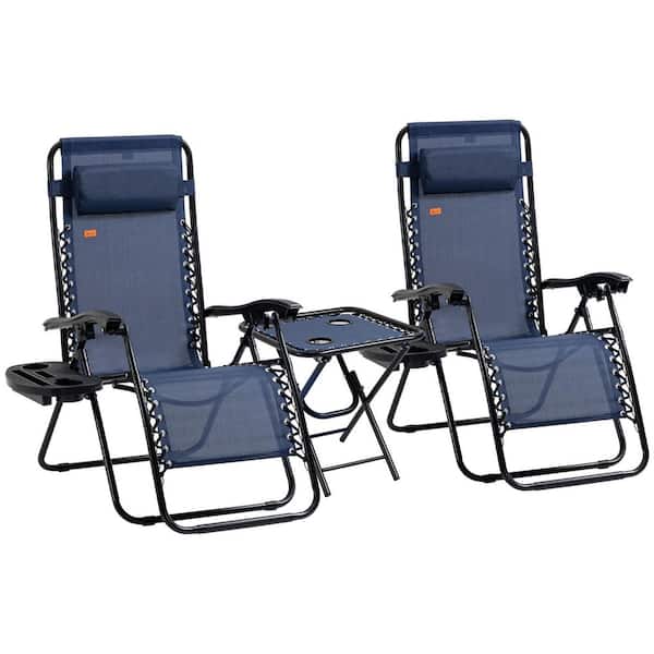Huluwat Black Frame Metal Adjustable Outdoor Patio Recliner Chair with Side Table, Cupholders and Pillows, Blue, (Set of 3)