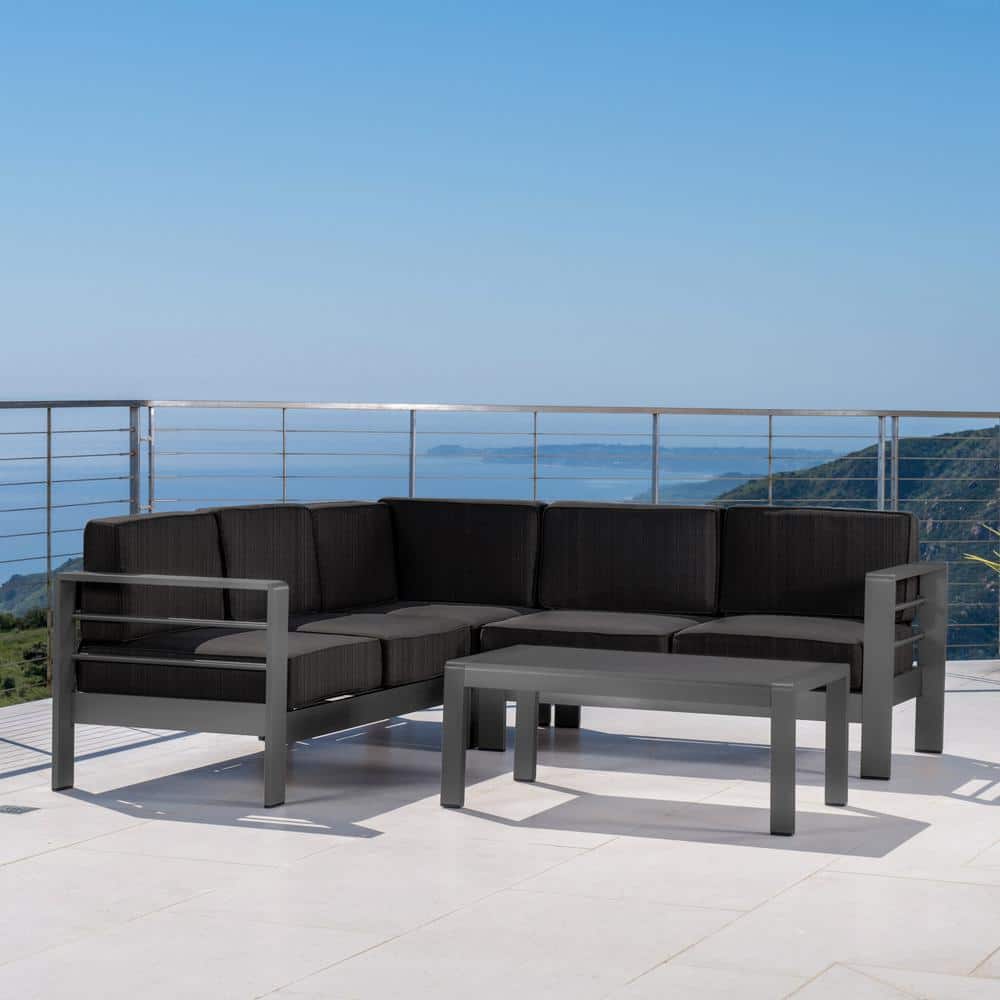 Modern Dark Grey Aluminum 4-Piece Outdoor Sectional Sofa Set with Cushions