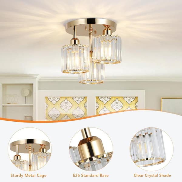 10.6 in. W 3-Light Gold Semi Flush Mount Ceiling with Clear Crystal Shades, E26, No Bulbs Included