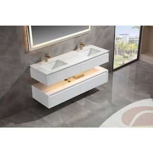 60 in. W x 29.60 in. H x 20.80 in. D Floating Bath Vanity in White with Light, Double Sinks, White Cultured Marble Top