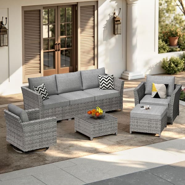 OVIOS Bexley Gray 7-Piece Wicker Patio Conversation Seating Set with Dark Gray Cushions and Swivel Chairs