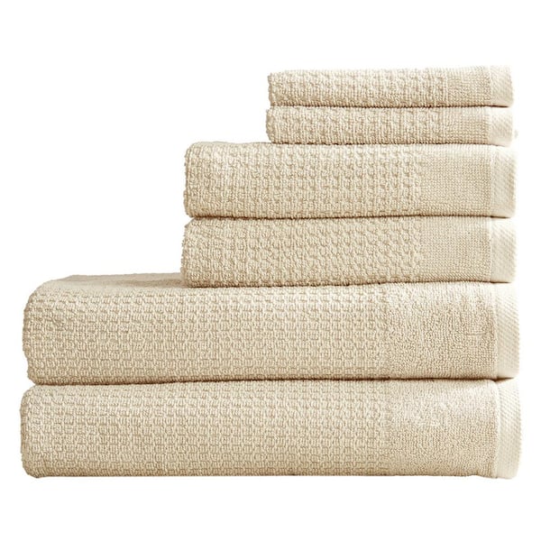 FRESHFOLDS 6-Piece Beige 100% Cotton Ultra-Absorbent Reversible Bath Towel Set, White / Ivory