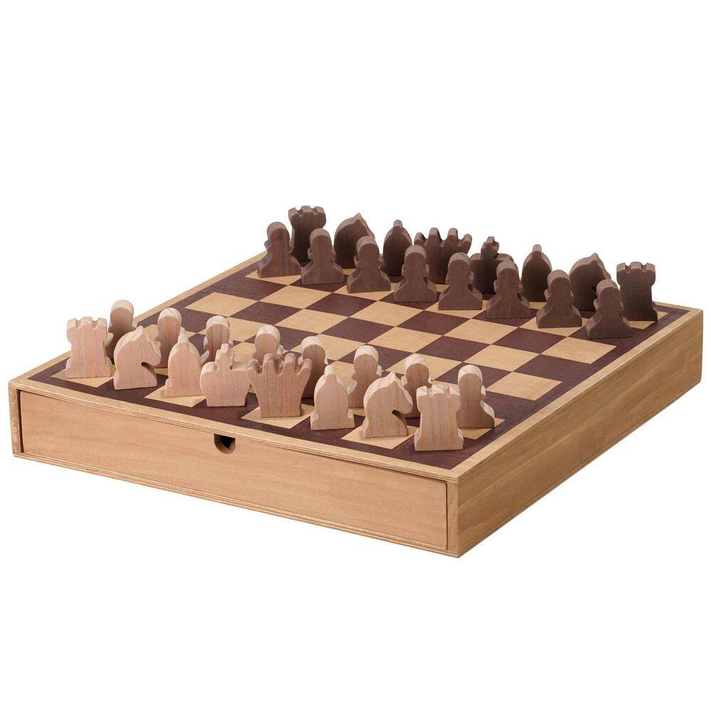 Wood Chess & Checkers Board Game Set with Drawer Tabletop Decor - 16" x 16" x 2.5"