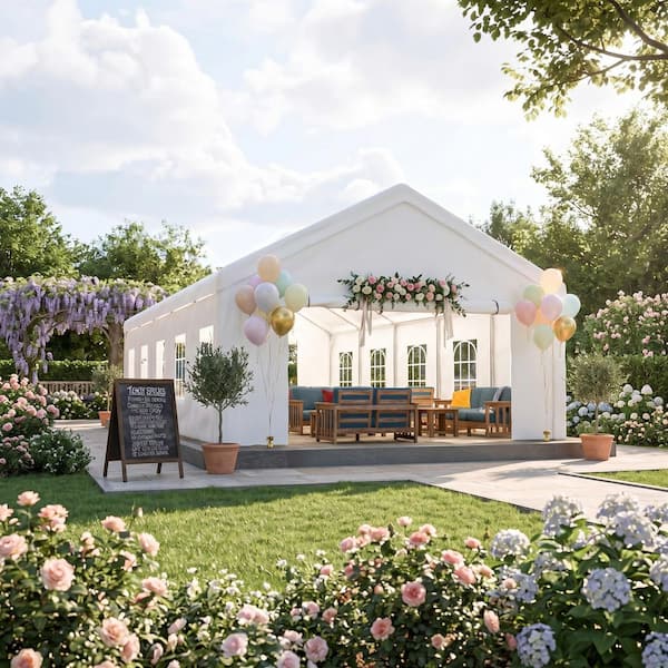 White 32 ft. W x 16 ft. D Party Tent Outdoor Canopy Gazebo Carport with 3-Storage Bags, Removable Sidewalls for Garden