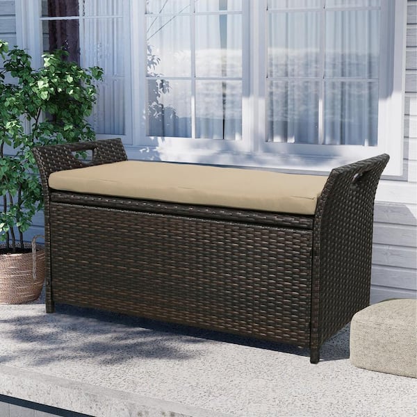 ULAX FURNITURE 40 Gal. Wicker Outdoor Storage Bench with Beige Cushion