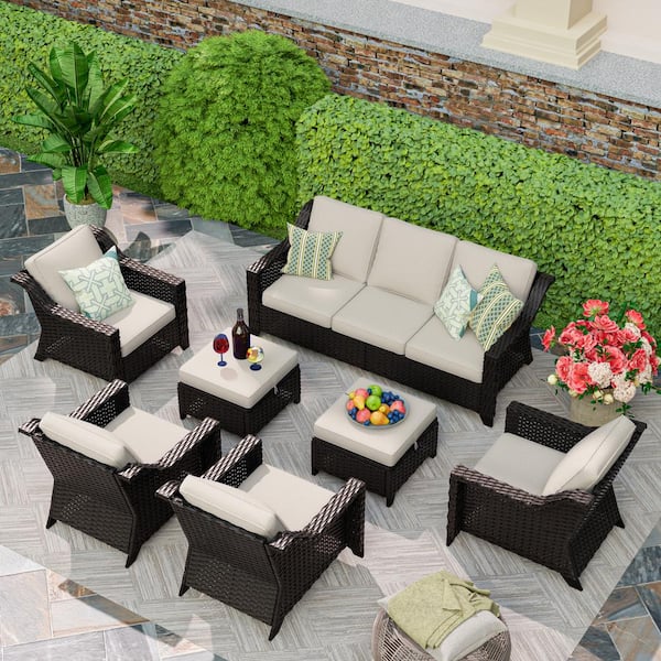 MeetLeisure Brown 7-Piece Rattan Wicker Patio Conversation Set Garden Lawn Furniture with Beige Cushions