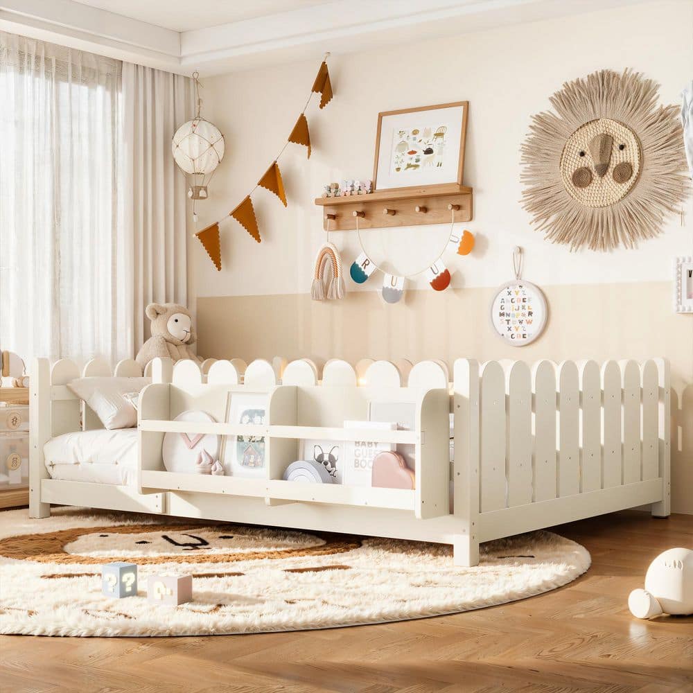 Beige Full Size Montessori Floor Bed with Fence Guardrails, LED Lights and Bookshelf