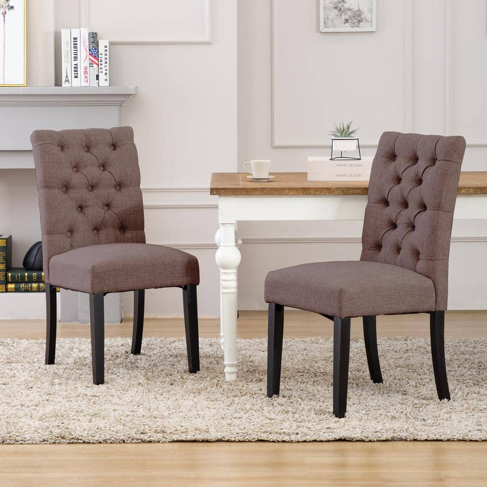 High Parsons Brown Linen Upholstered Side Chair with Button Tufted Backrest