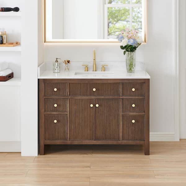 Cerrito 48 in. Single Sink Freestanding Brown Oak Bath Vanity with Grain White Engineered Stone Top Assembled