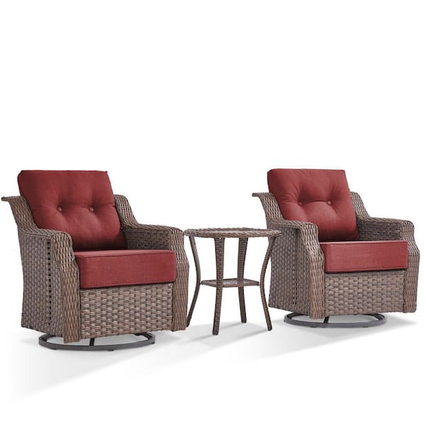 Circle 2-Piece Brown Wicker Outdoor Swivel Glider Patio Rocking Chair with Red Cushions and Matching Side Table